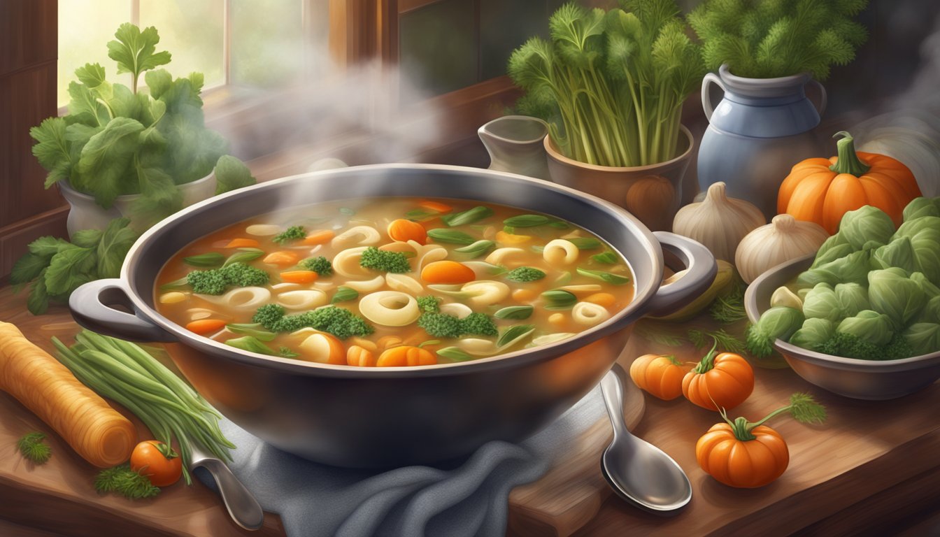 A steaming bowl of minestrone soup surrounded by winter vegetables and herbs, with a cozy kitchen backdrop