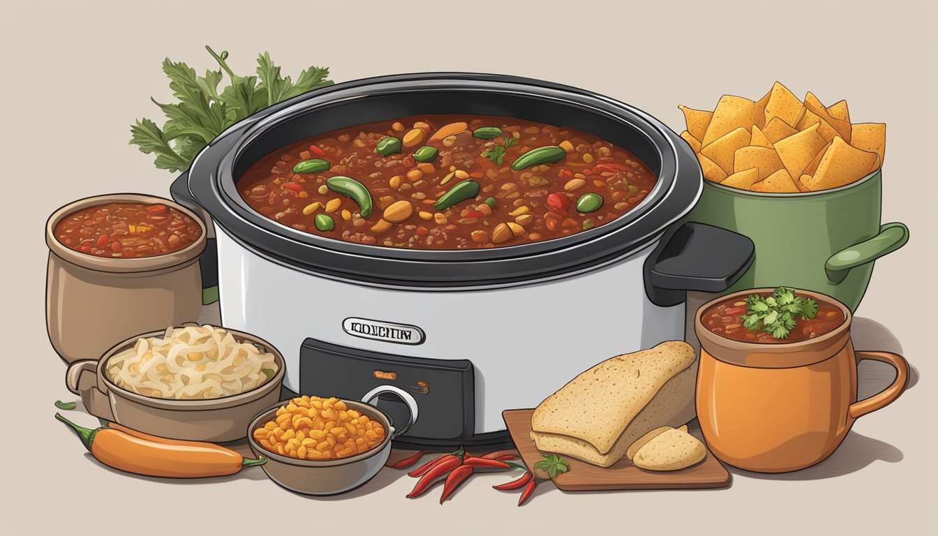 A steaming crockpot filled with hearty chili surrounded by various winter comfort foods