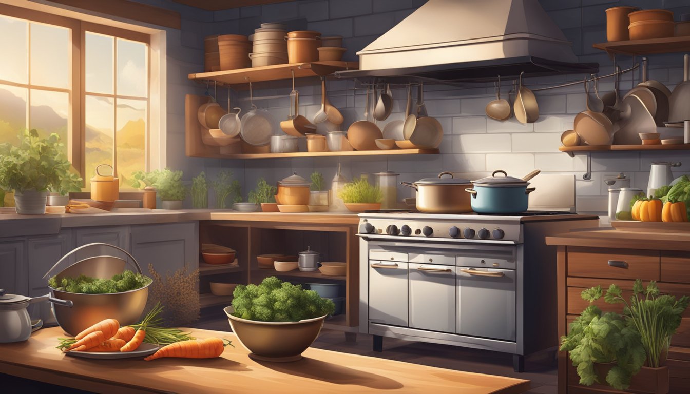 A cozy kitchen with pots simmering on the stove, steam rising. Ingredients like root vegetables, herbs, and hearty grains scattered on the counter. A warm, inviting atmosphere