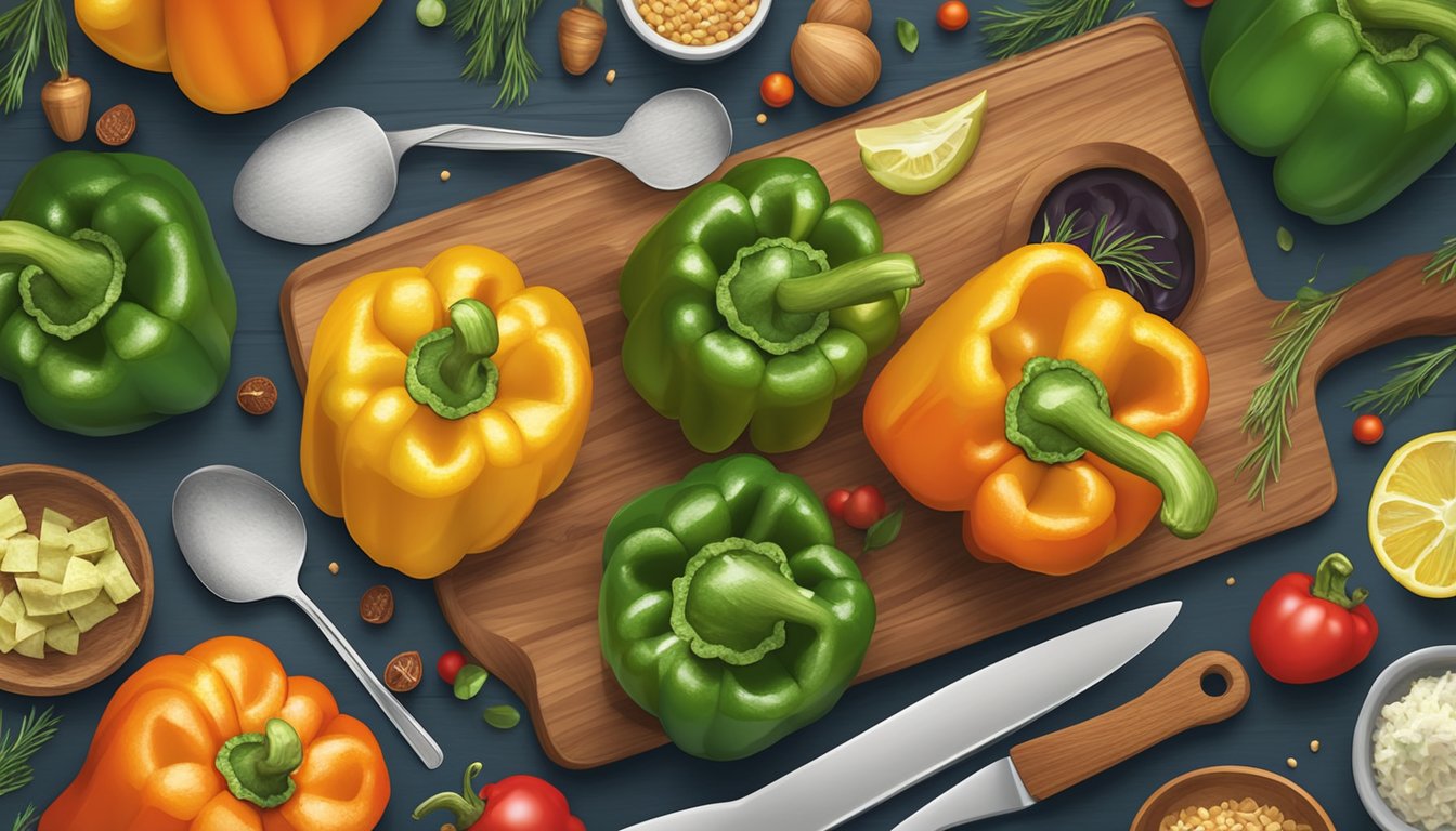 Stuffed bell peppers arranged on a wooden cutting board surrounded by various ingredients and kitchen utensils, with a festive holiday backdrop