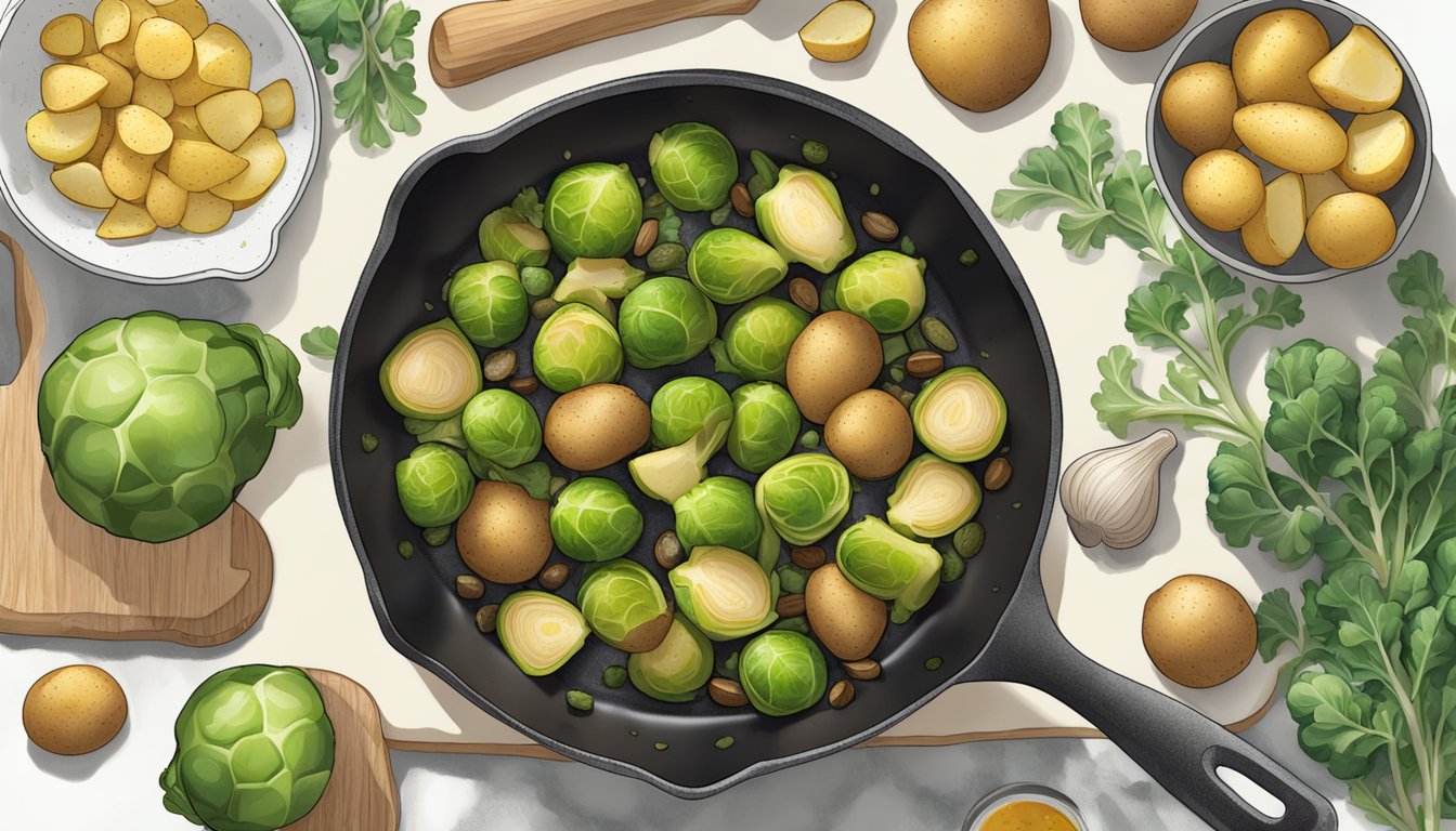 A skillet sizzling with Brussels sprouts, potatoes, and festive seasonings, ready for meal prep