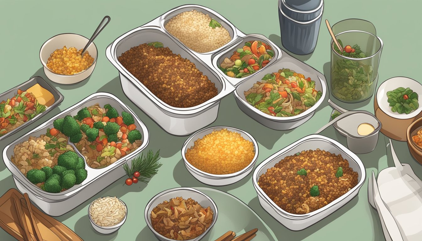 A festive table with a variety of Christmas leftovers, including duck fried rice, arranged in meal prep containers