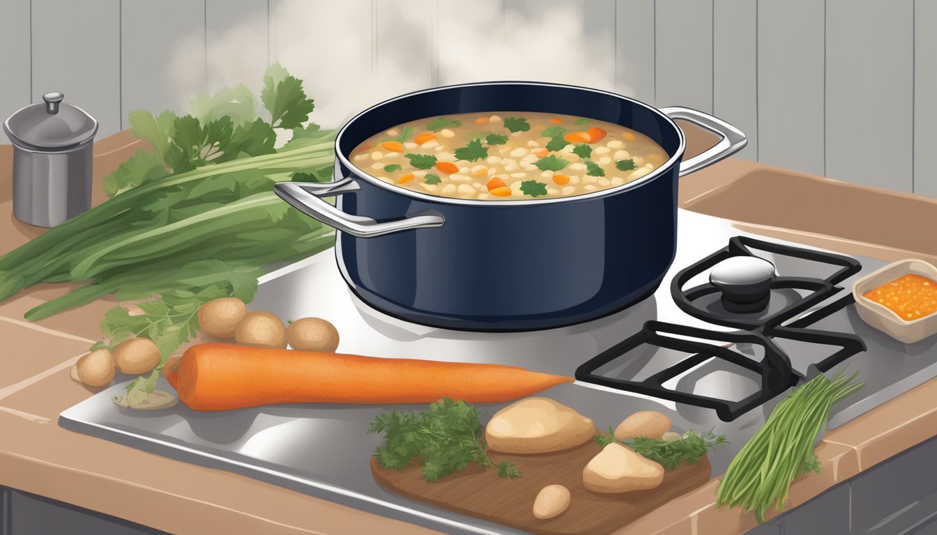 A pot simmering on a stove, filled with creamy navy bean soup. Herbs and vegetables scattered nearby