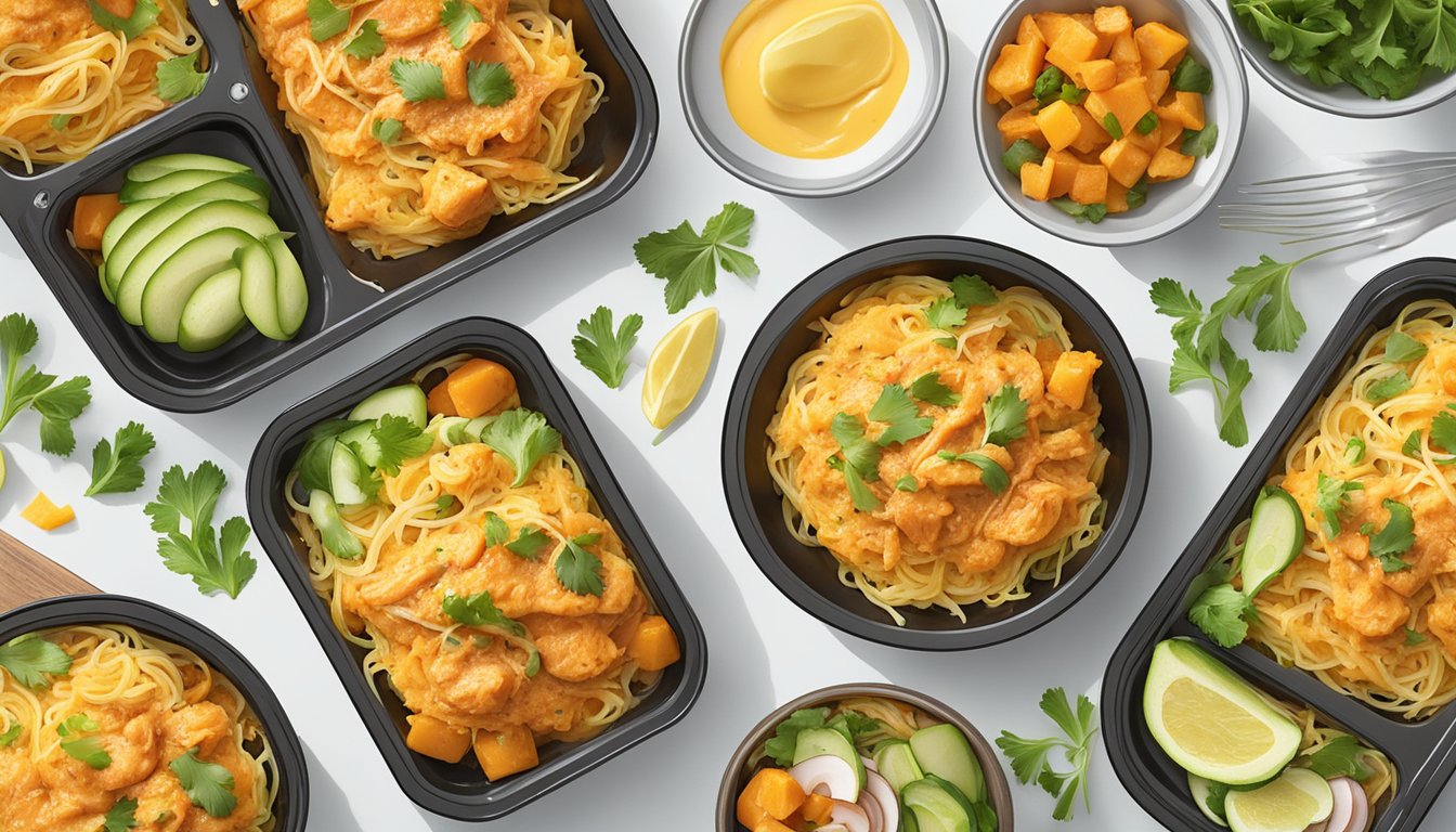 A platter of buffalo chicken spaghetti squash surrounded by various meal prep containers