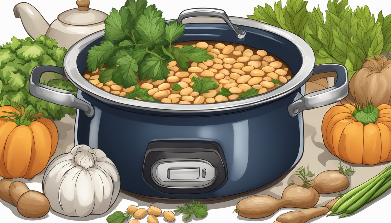 A pot of simmering navy beans surrounded by fresh vegetables and herbs, ready to be transformed into a creamy soup or stew