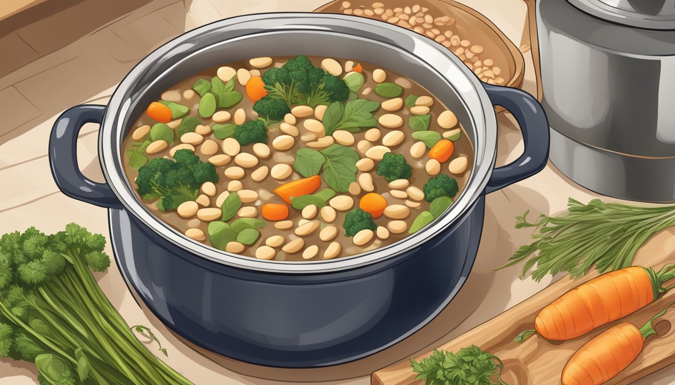 A pot of simmering navy beans with various vegetables and herbs, ready to be blended into a creamy soup or stew