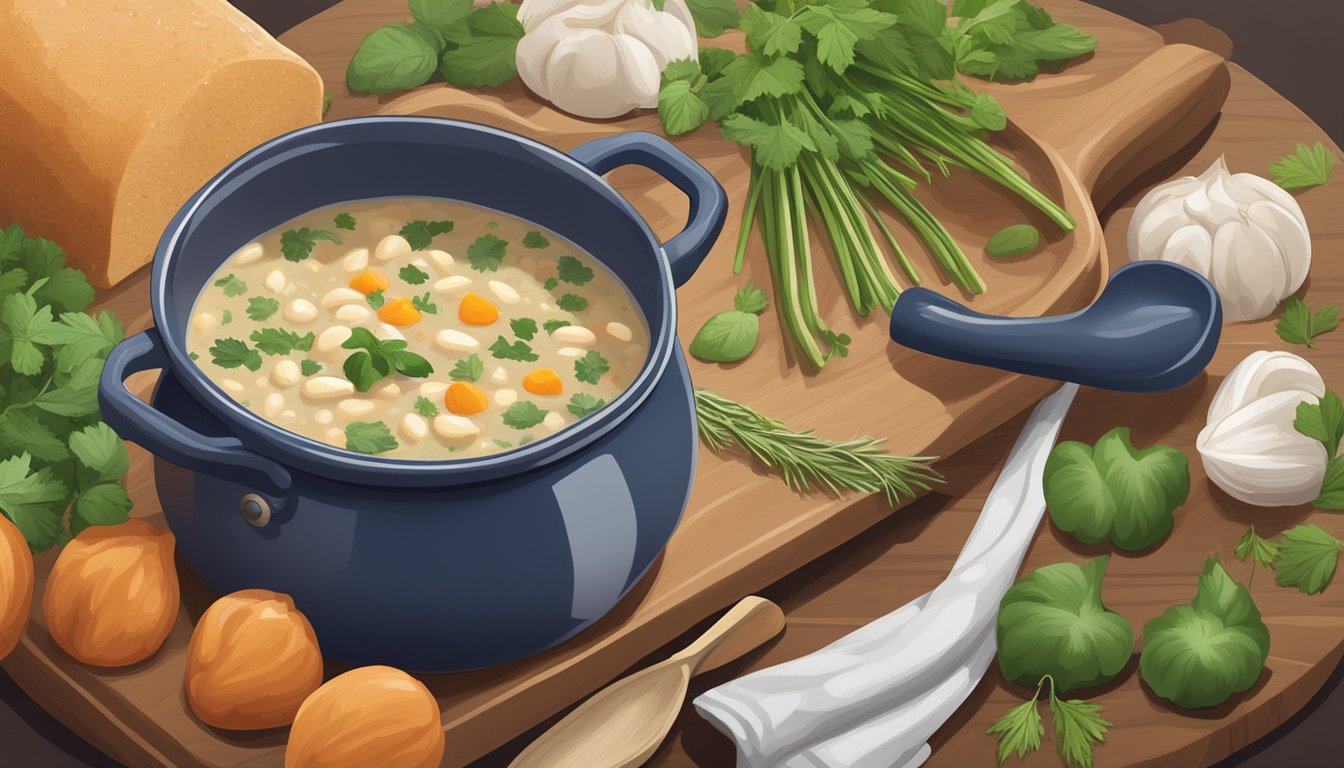 A pot of creamy navy bean soup simmers on a stovetop, surrounded by fresh herbs, vegetables, and a wooden spoon