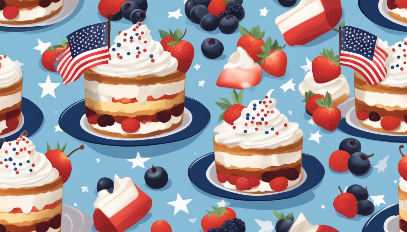 A festive trifle with layers of red, white, and blue berries, topped with whipped cream and a sprinkle of star-shaped sprinkles, sitting on a picnic table next to a grill and a row of American flags