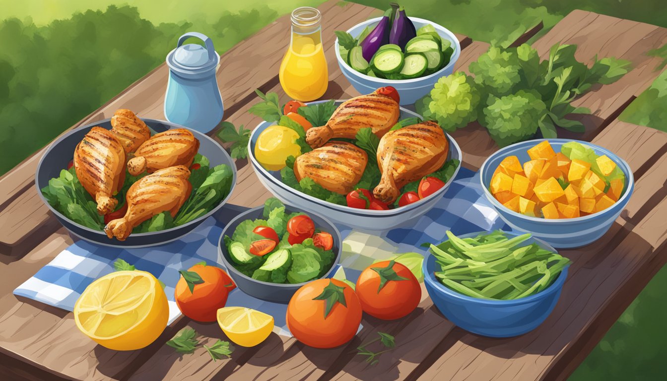 A sizzling grilled lemon herb chicken surrounded by colorful summer vegetables and fruits on a picnic table