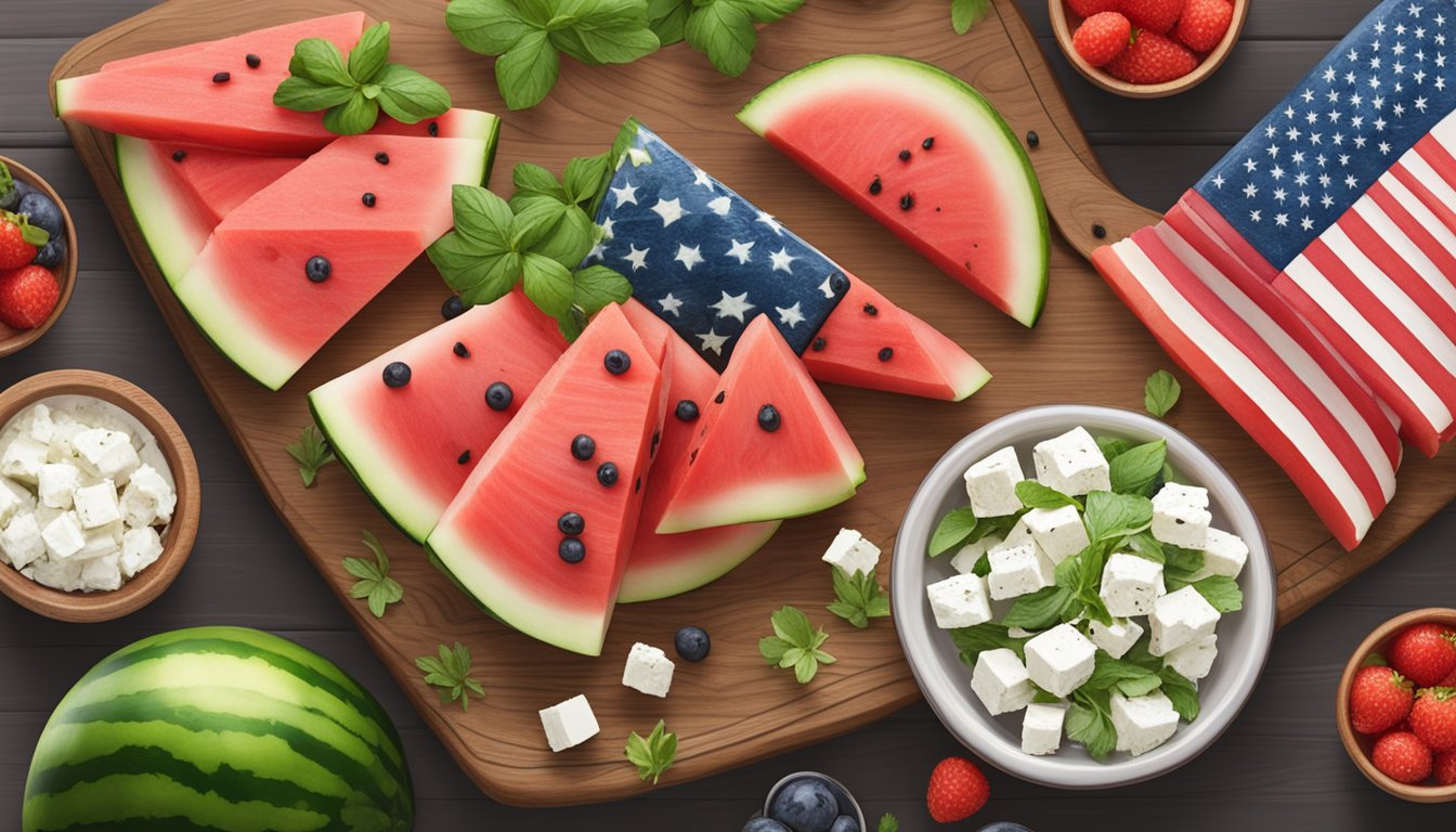 A colorful array of watermelon and feta salad skewers arranged on a rustic wooden serving platter, surrounded by vibrant Fourth of July decorations