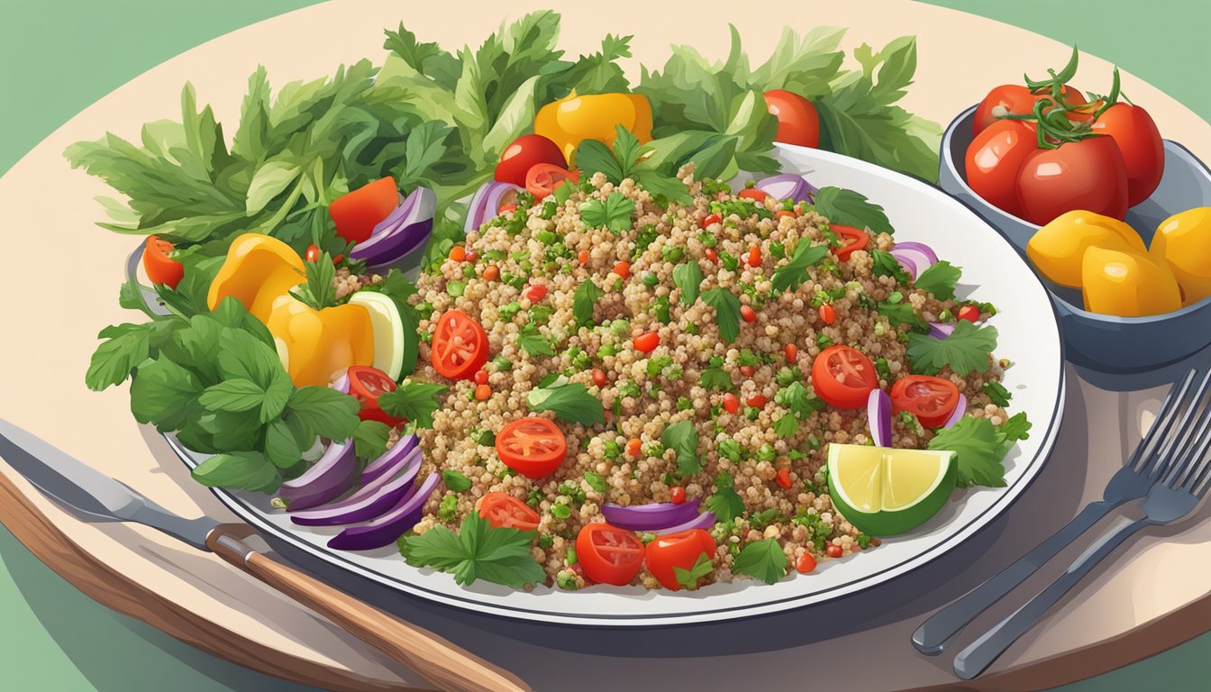 A colorful bowl of Mediterranean Quinoa Salad surrounded by fresh vegetables and herbs, with a grill in the background