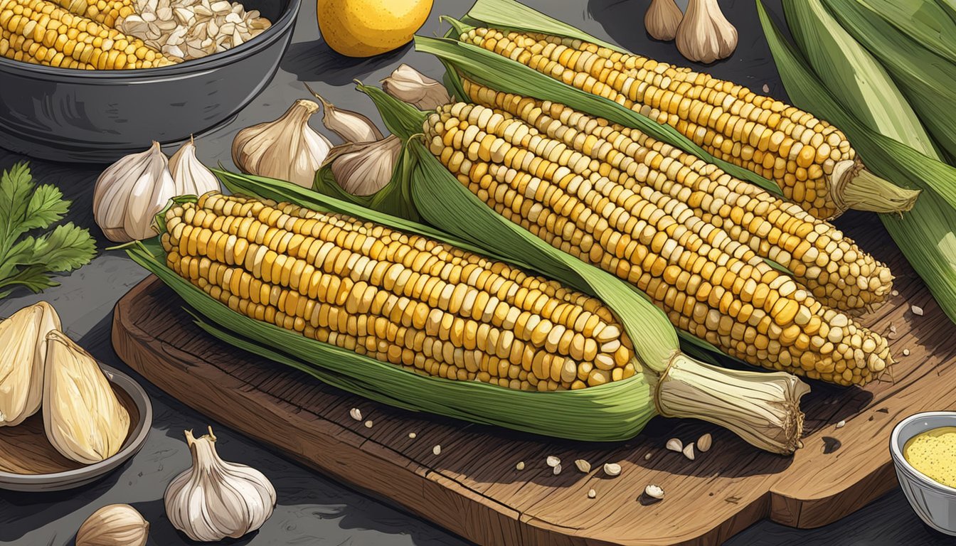 A cob of corn slathered in garlic butter grilling over hot coals, surrounded by other ingredients for summer barbecue meal prep