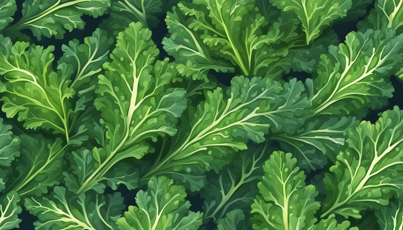 Kale leaves spread on a baking sheet, brushed with oil and sprinkled with seasoning. Oven door open, emitting heat