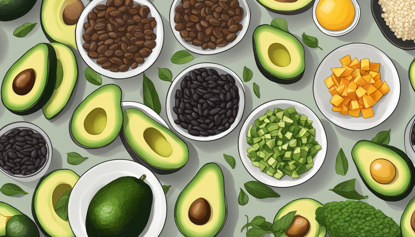 A table spread with a colorful array of fresh avocados, black beans, and various ingredients for making a summer barbecue meal prep