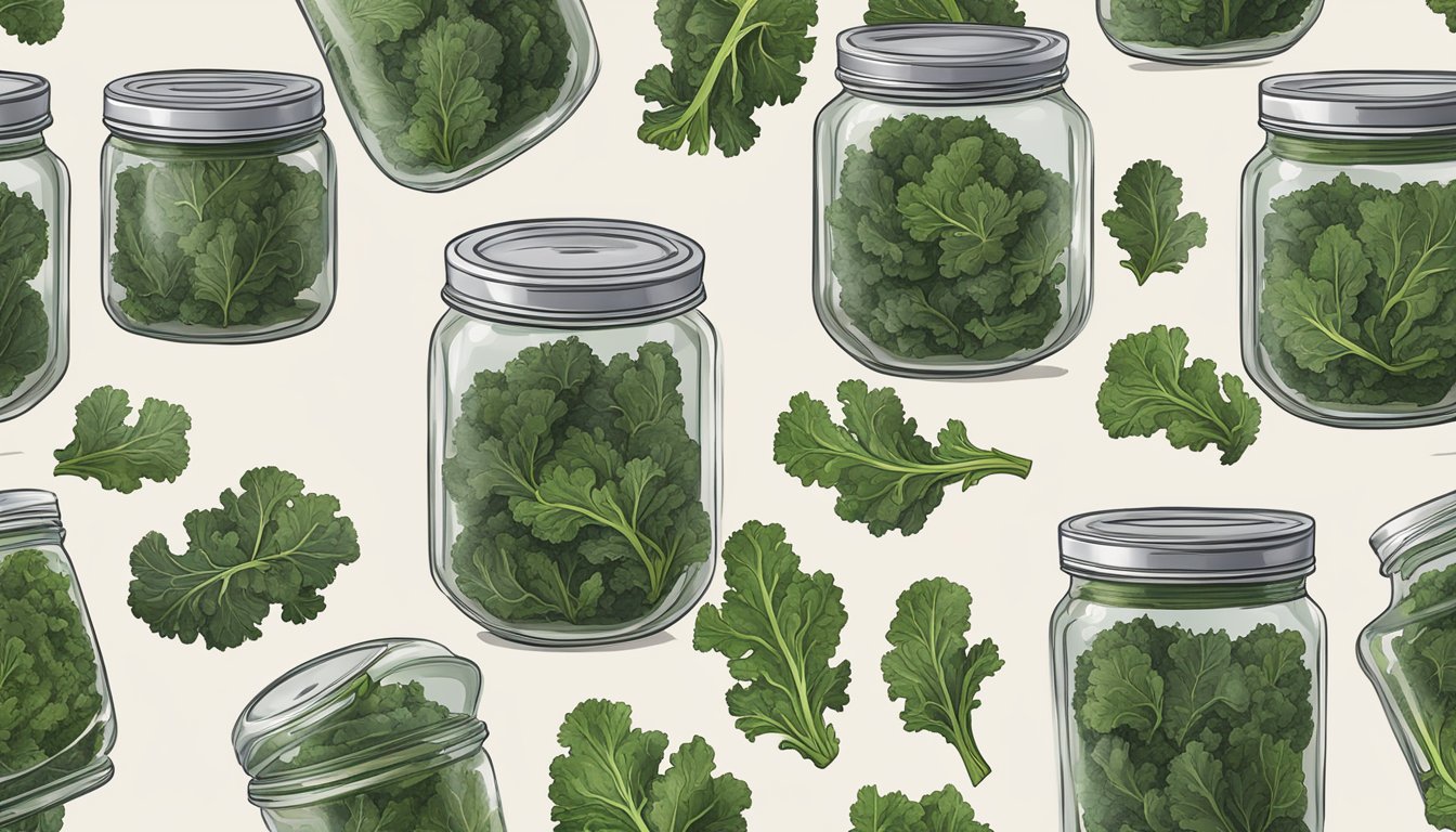 A glass jar filled with crispy kale chips, sealed tightly with a lid to maintain their freshness and longevity