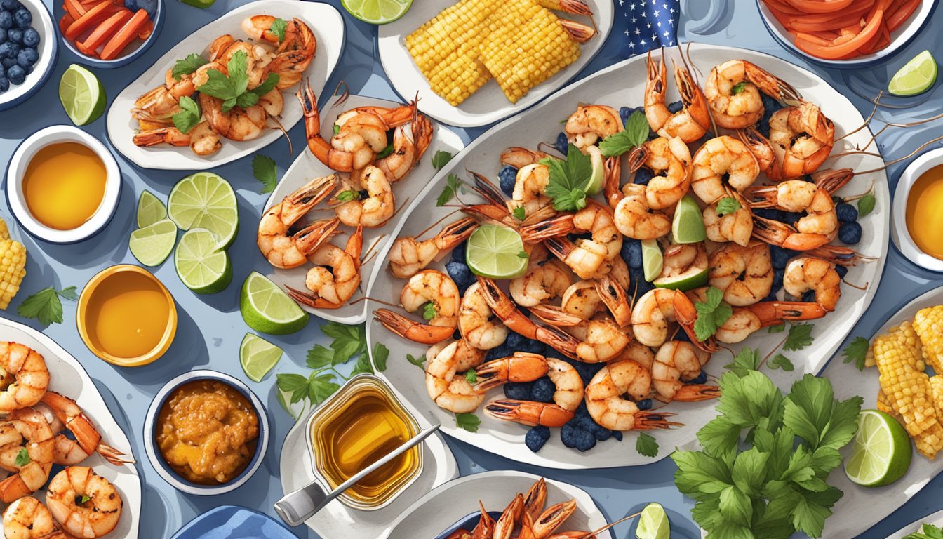 A platter of grilled shrimp with honey lime glaze surrounded by colorful Fourth of July barbecue meal prep ingredients