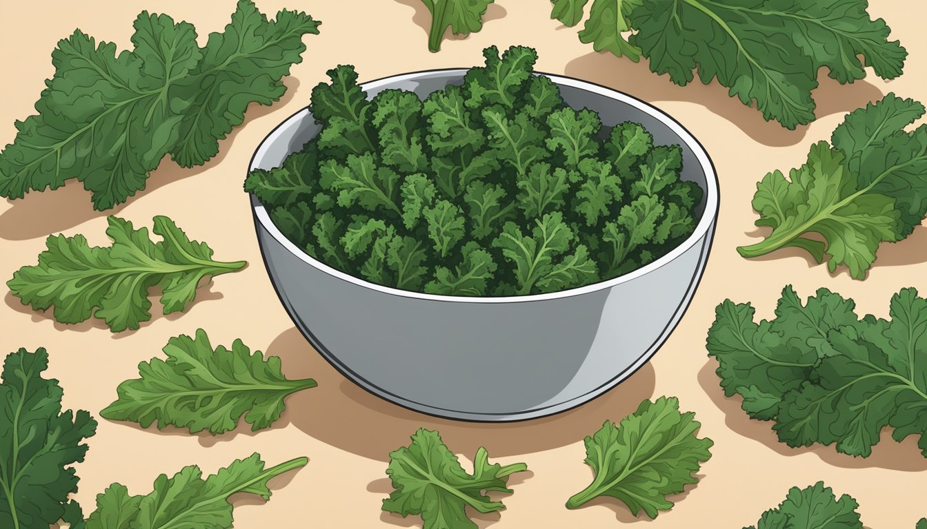 A bowl of crispy kale chips surrounded by fresh kale leaves and various seasonings on a wooden cutting board