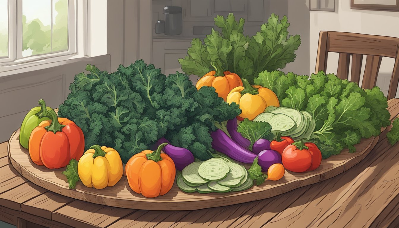 A rustic wooden table with a platter of crispy kale chips, surrounded by fresh herbs and colorful vegetables