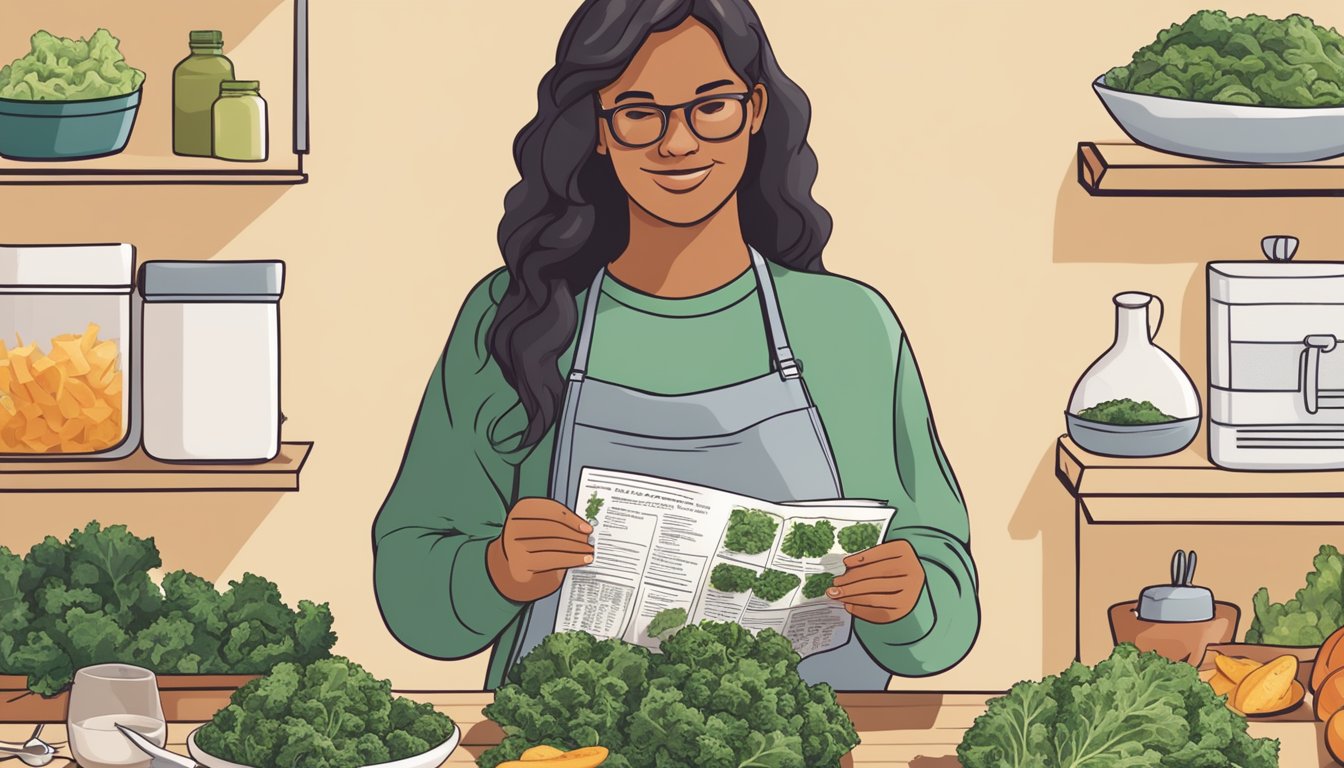 A person holding a bag of store-bought kale chips and reading a cooking guide with various ingredients and cooking methods displayed around them