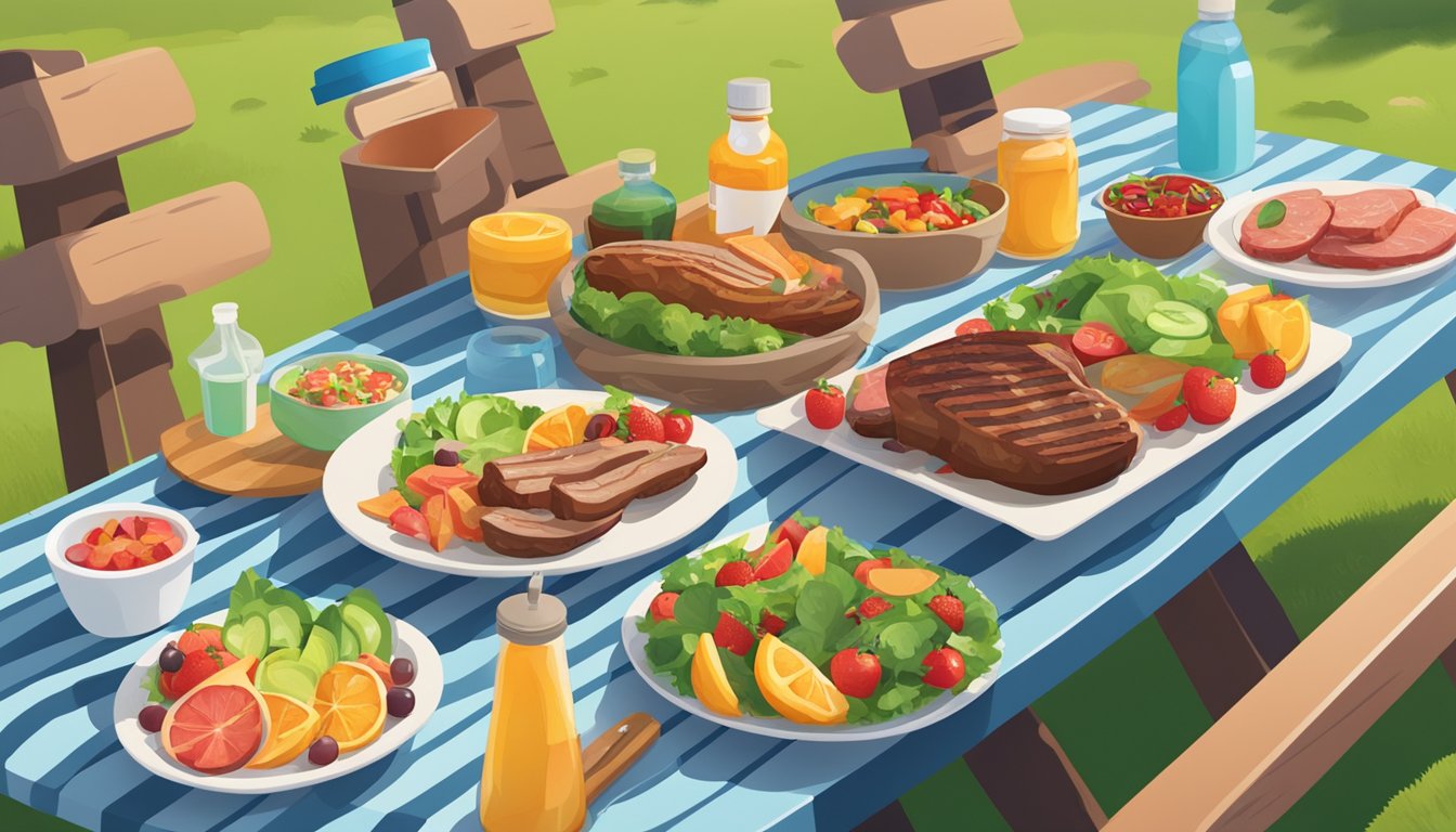 A festive outdoor barbecue scene with a variety of grilled meats, colorful salads, and fruit platters laid out on a picnic table. Sunscreen, hand sanitizer, and a first aid kit are nearby