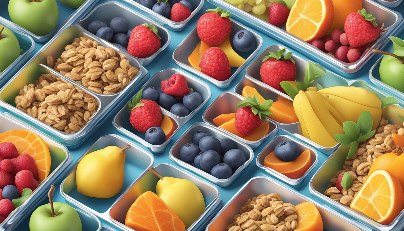 A colorful array of fruit and nut granola bites arranged neatly in a lunchbox, surrounded by vibrant fruits and vegetables