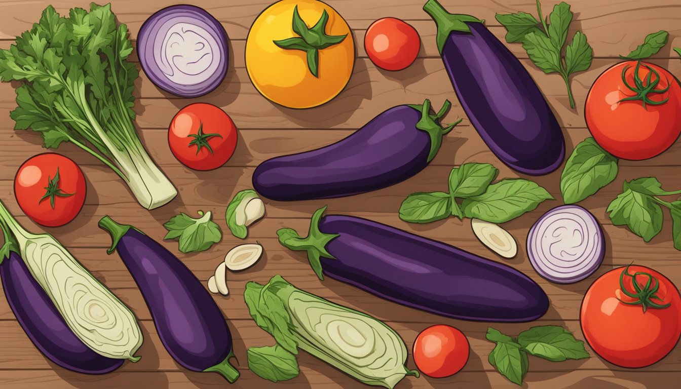 A colorful array of fresh eggplants, tomatoes, herbs, and other vegetables spread out on a wooden cutting board, ready for meal prep