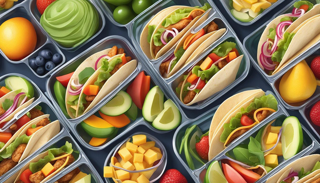 A colorful array of mini chicken tacos arranged in a lunchbox with various fruits and vegetables, ready for kids' meal prep