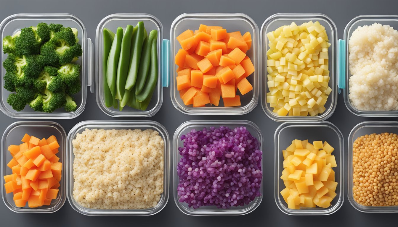 A colorful array of chopped vegetables and quinoa arranged in neat, compartmentalized containers, ready for meal prep