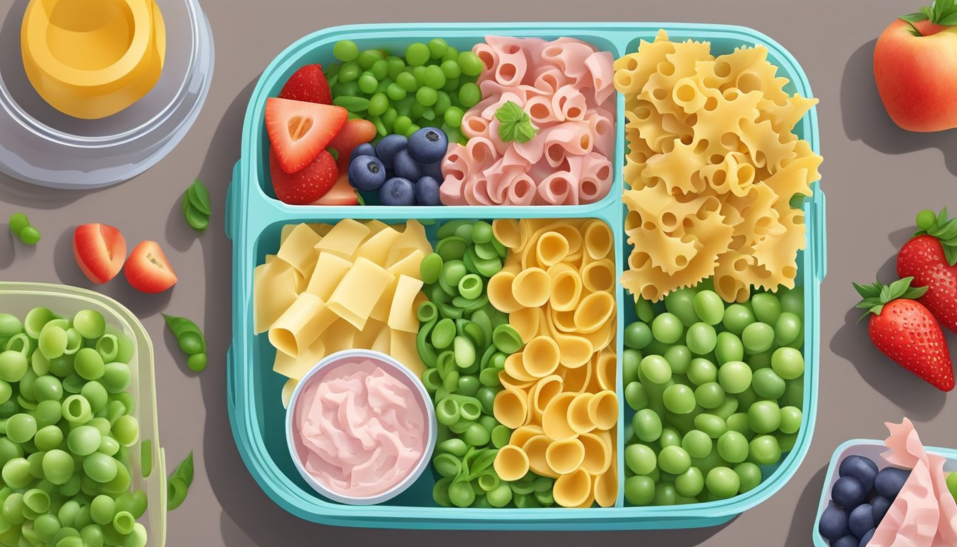 A colorful lunchbox filled with pasta salad, peas, and ham, surrounded by fresh fruits and veggies, with small containers for dressing and snacks