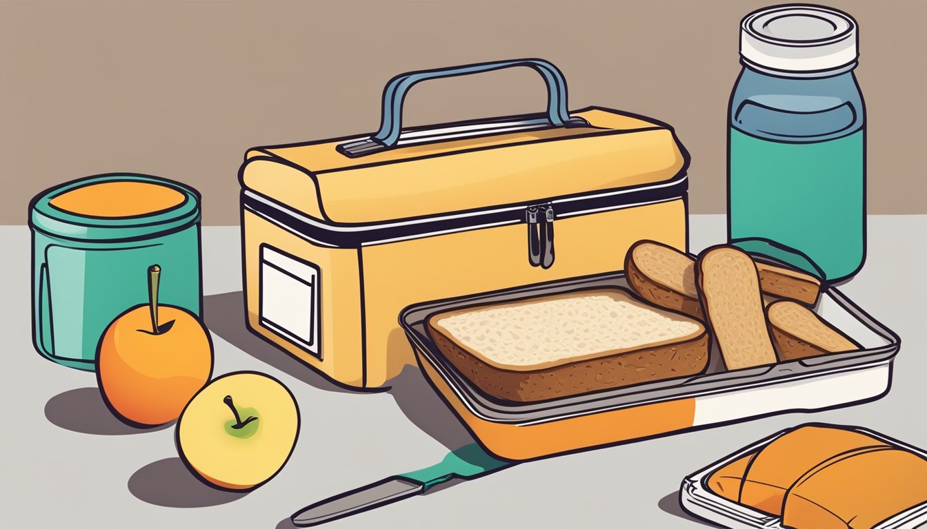 A colorful lunchbox with a sliced apple and a jar of peanut butter, along with a loaf of bread and a knife for spreading