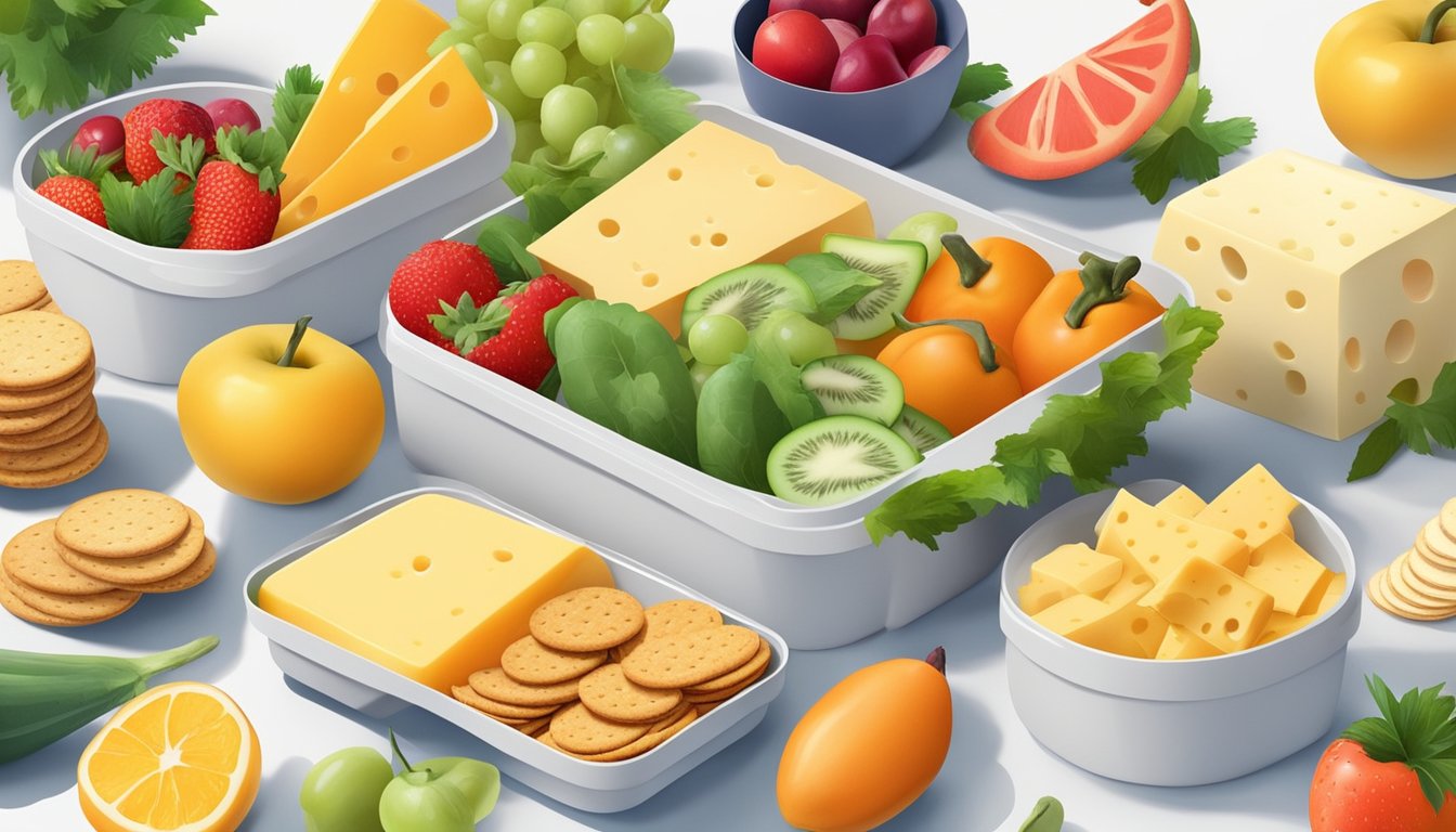 A colorful snack box filled with cheese and crackers, surrounded by various fruits and vegetables, sits on a clean, white table