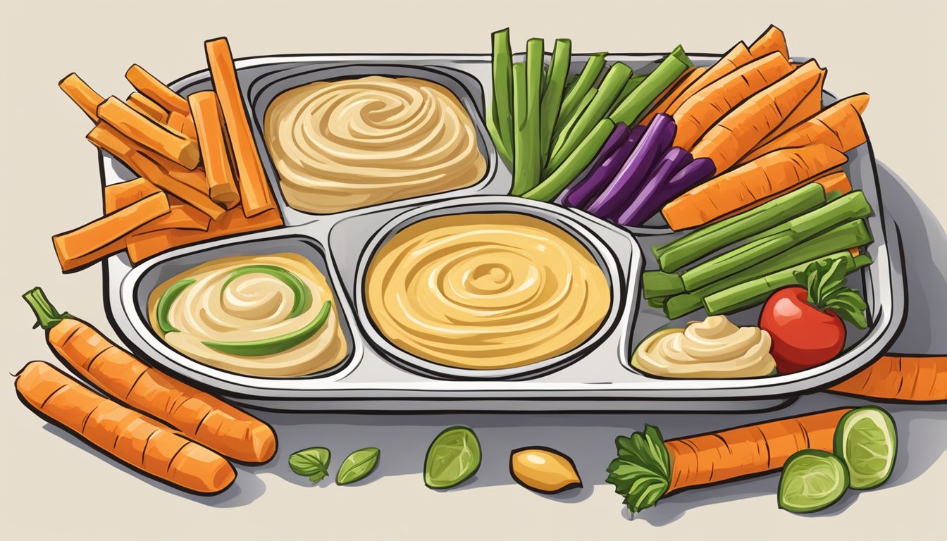 A colorful array of veggie sticks surround a bowl of creamy hummus, neatly arranged on a lunch tray