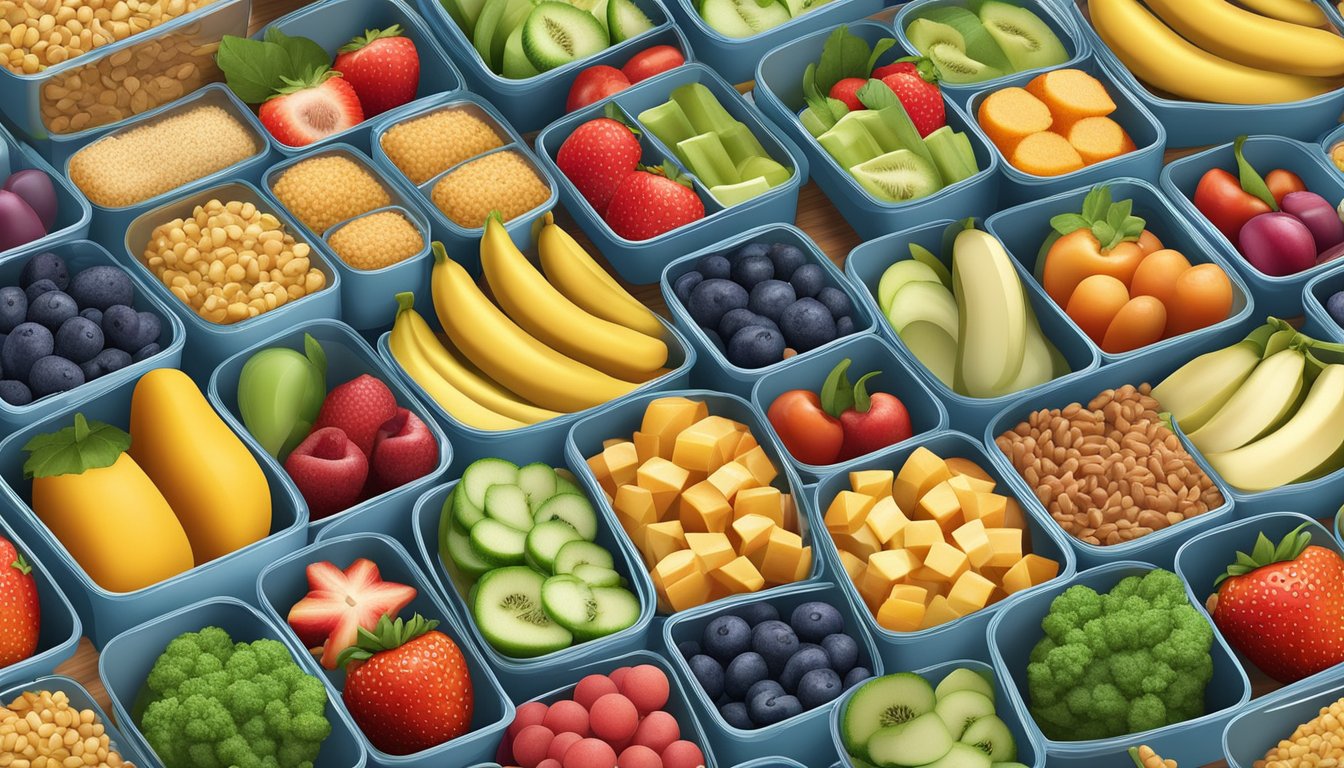 Colorful array of fresh fruits, vegetables, and whole grains arranged in bento boxes. Various containers filled with prepped snacks and balanced meals for kids' lunches