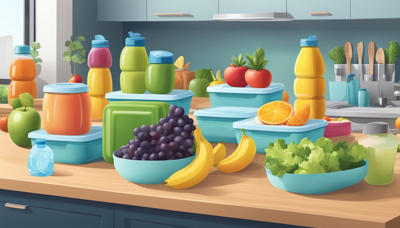 A kitchen counter with neatly arranged containers of pre-cut fruits, vegetables, and sandwiches, along with colorful lunch boxes and reusable water bottles