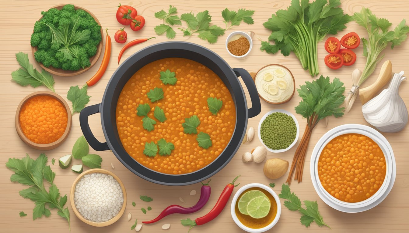 A simmering pot of red lentil curry surrounded by fresh ingredients and spices on a kitchen counter