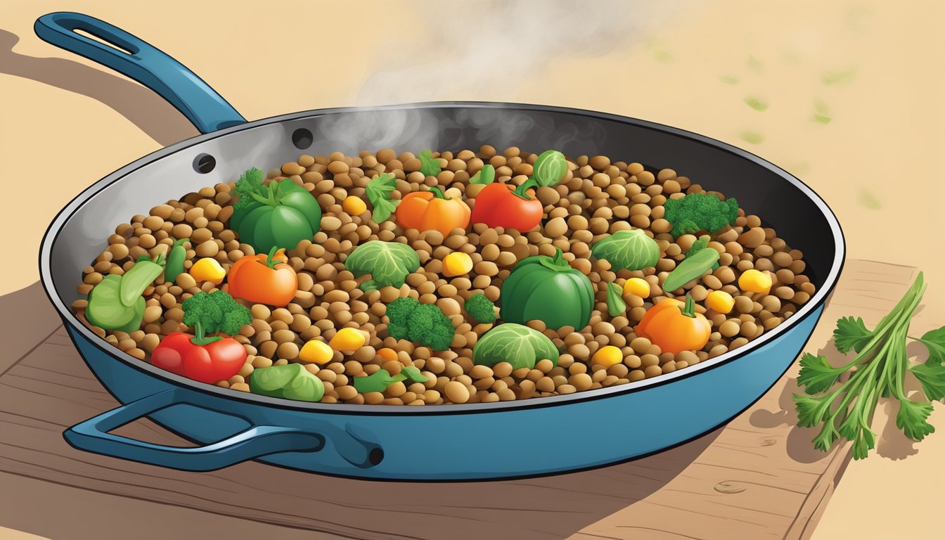 A colorful array of fresh vegetables and lentils sizzling in a hot pan, filling the air with savory aromas