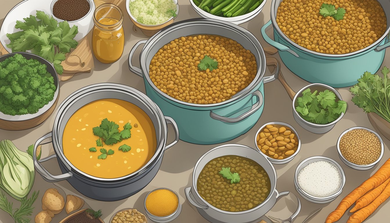 A steaming pot of curried lentil soup surrounded by fresh ingredients and meal prep containers