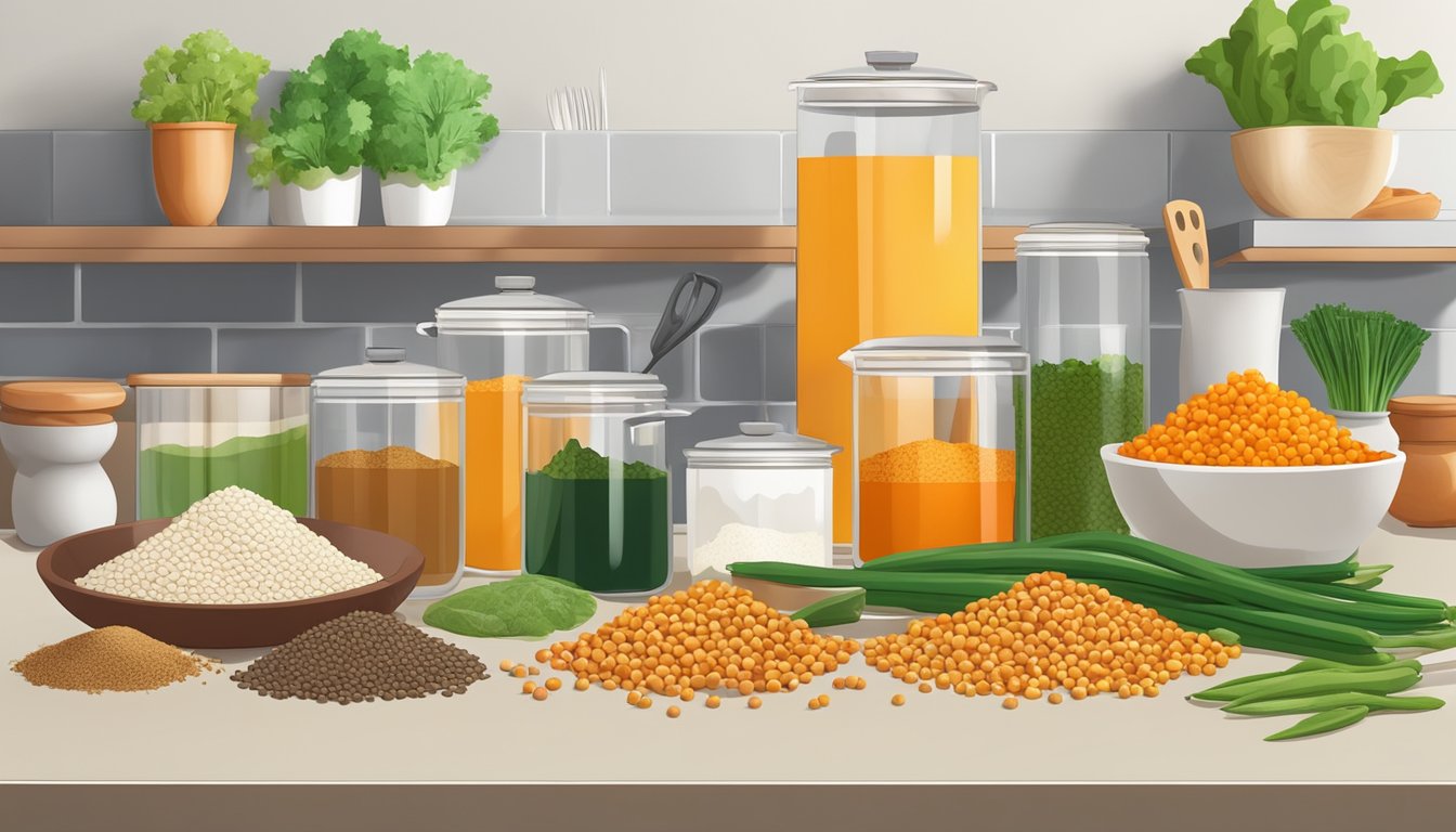 A colorful array of lentils, vegetables, and spices arranged on a clean kitchen counter, with various cooking utensils and containers nearby