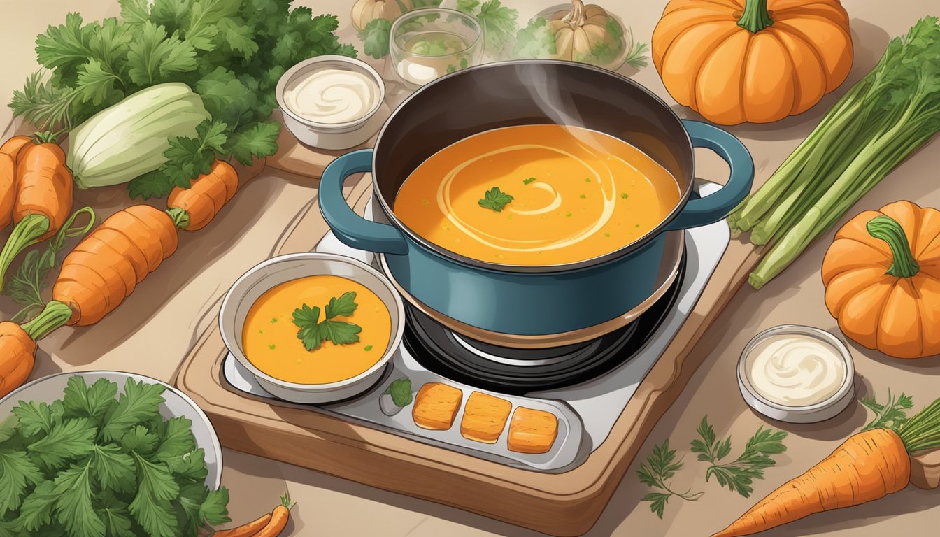 A pot of creamy pumpkin and carrot soup simmering on a stovetop, surrounded by fresh vegetables and herbs