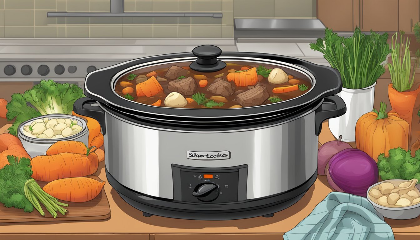 A slow cooker filled with hearty beef stew and colorful root vegetables simmering on a kitchen counter