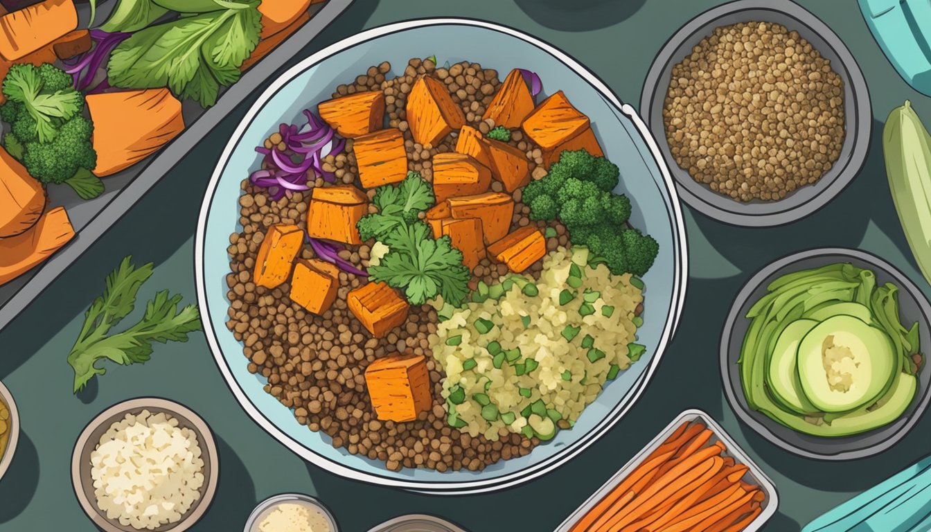 A colorful bowl filled with roasted sweet potatoes, quinoa, and various veggies, surrounded by meal prep containers