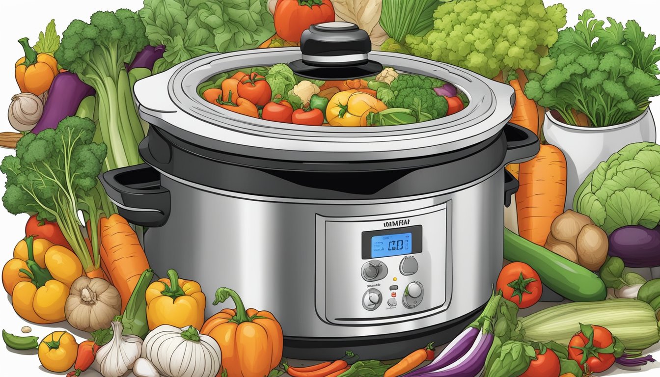 A colorful array of fresh vegetables, herbs, and spices arranged around a slow cooker, with steam rising from a hearty, nourishing meal inside