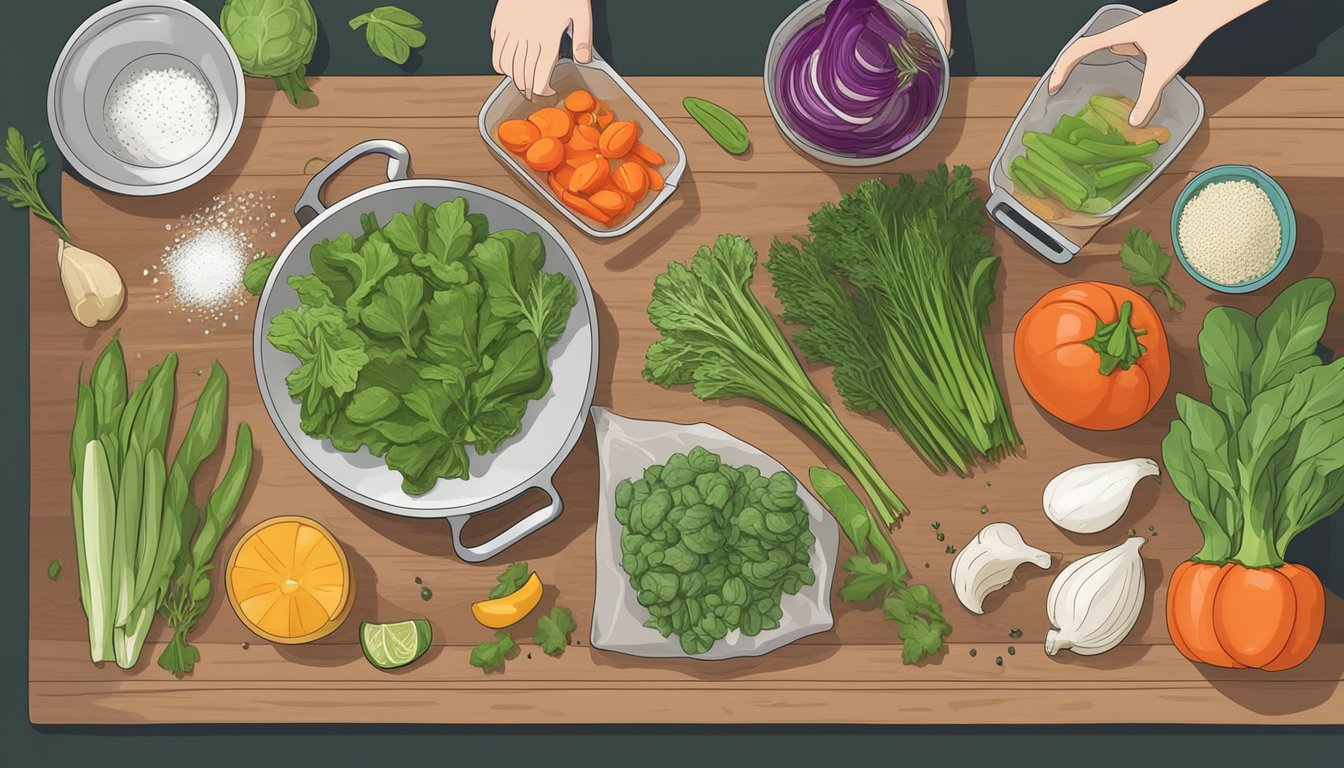 Fresh vegetables being chopped, herbs being sprinkled, and spices being measured out in a well-organized kitchen for meal prep