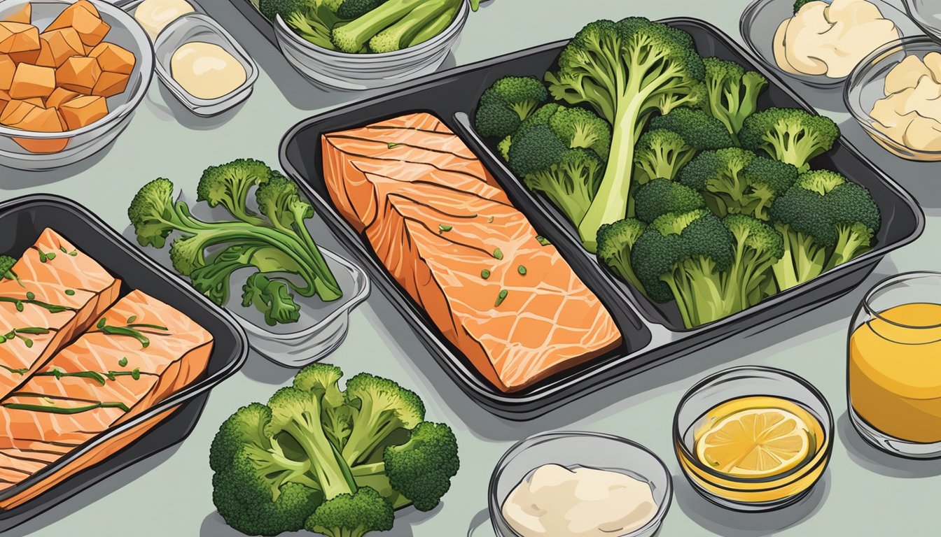 A sheet pan with teriyaki salmon, broccoli, and other meal prep ingredients arranged in an organized and visually appealing manner