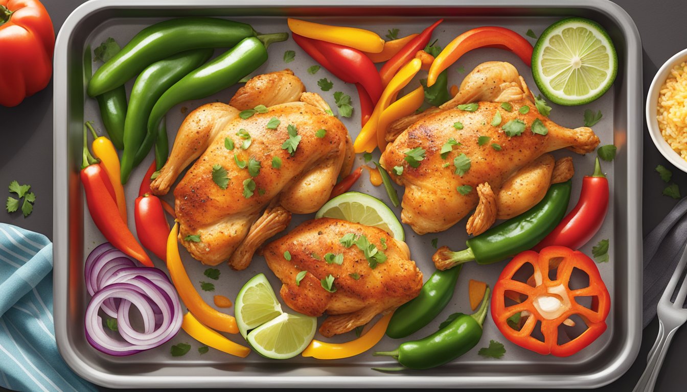 A colorful sheet pan filled with Tex-Mex seasoned chicken, bell peppers, onions, and rice, ready for meal prep