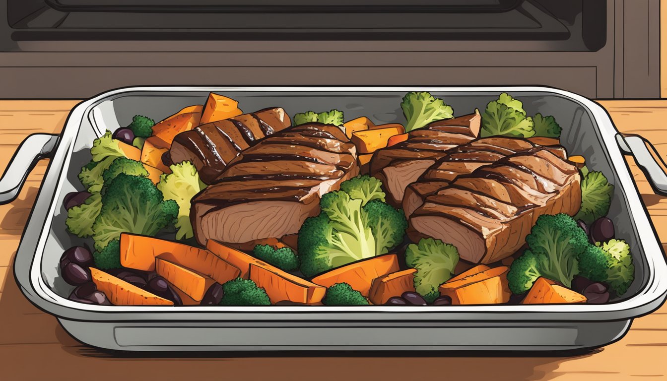 A sheet pan filled with balsamic glazed pork, sweet potatoes, and assorted vegetables, fresh out of the oven