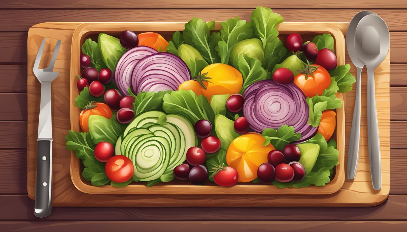 A colorful salad bowl with turkey, cranberries, and assorted vegetables arranged neatly on a wooden cutting board