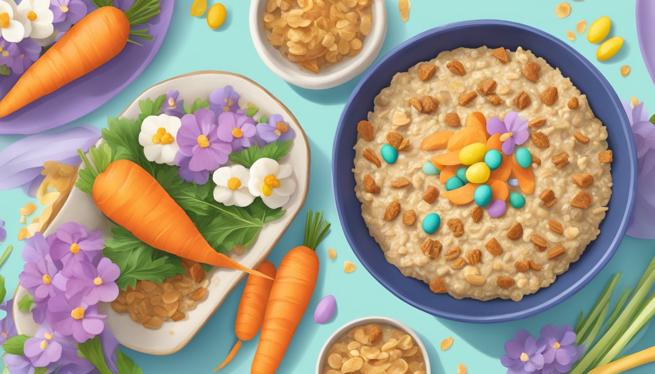 A bowl of carrot cake oatmeal surrounded by colorful Easter leftovers ready for meal prep