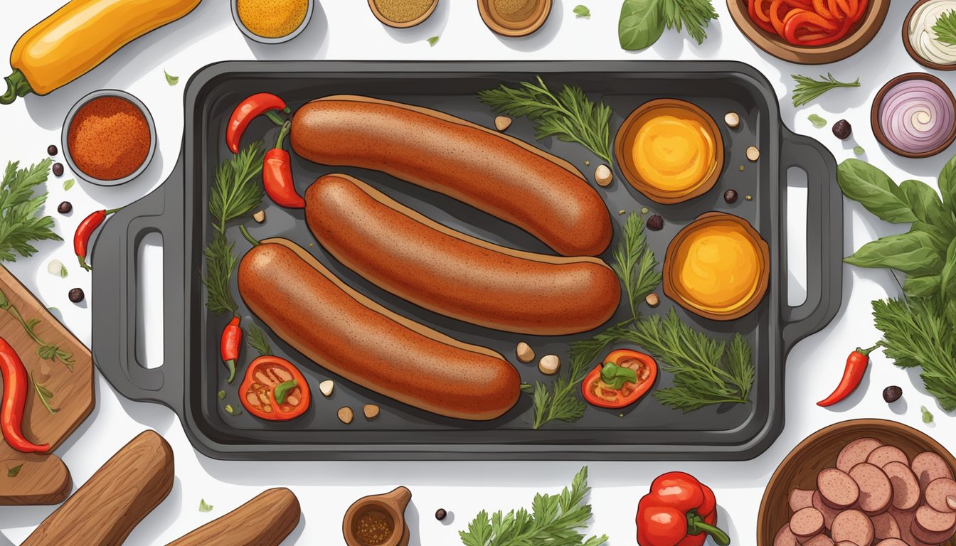 A sheet pan filled with roasted sausages and peppers, surrounded by various ingredients and seasonings