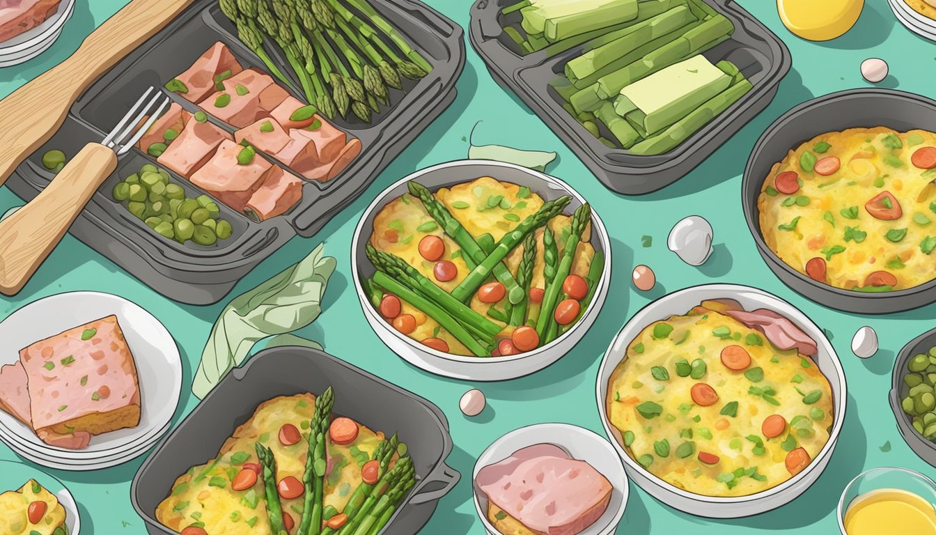 A colorful frittata with asparagus and ham surrounded by various meal prep containers and Easter leftovers